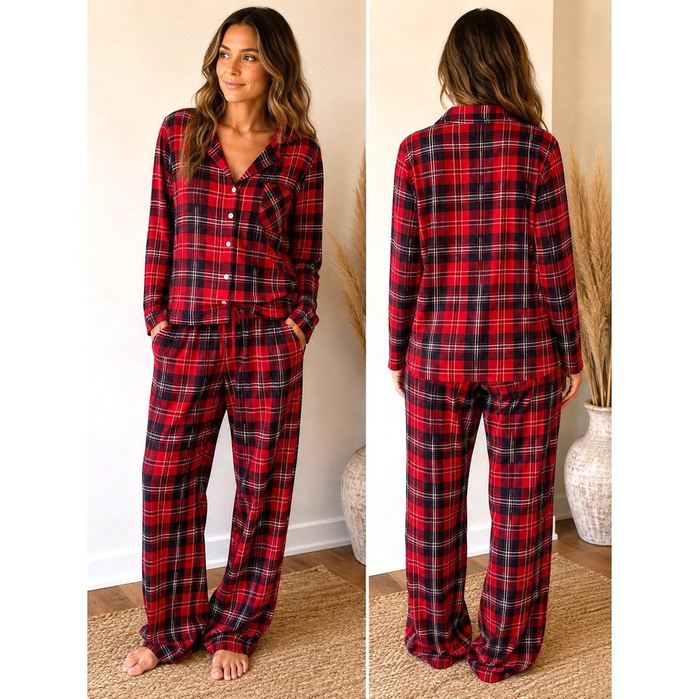 Victoria's Secret Pajama Set Baggy Flannel Plaid 2 Piece Long Tall Christmas M